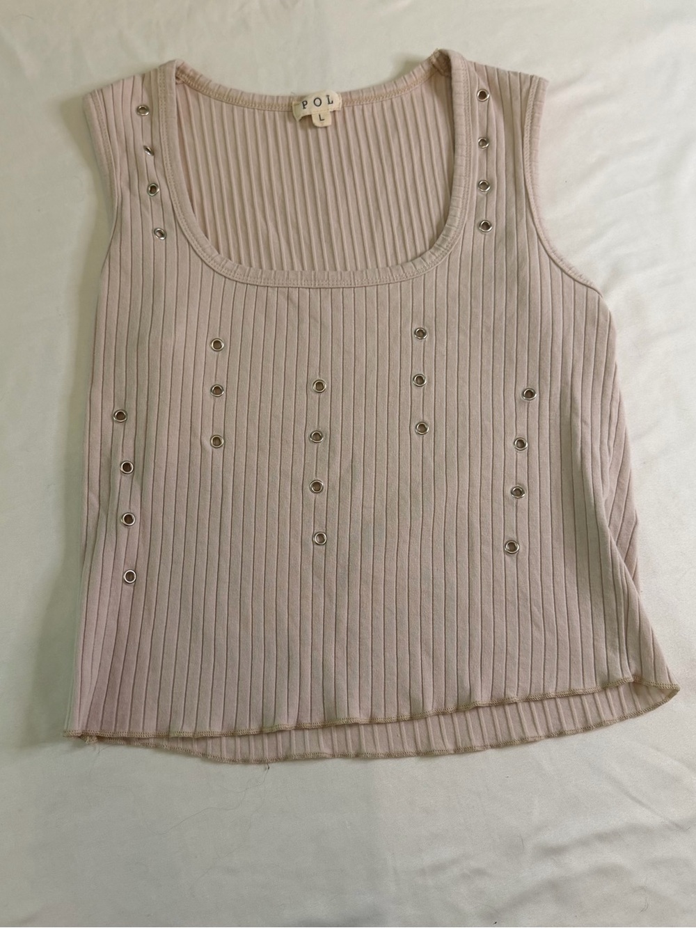 POL Ribbed Tank Top Women’s Large Beige Grommet Detail‎ Boho Sleeveless Shirt
